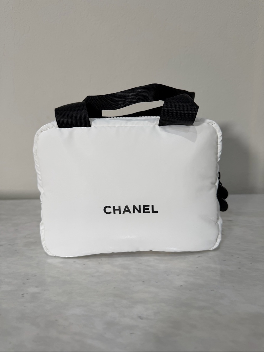 CHANEL White Cosmetic Pouch with Black Handles